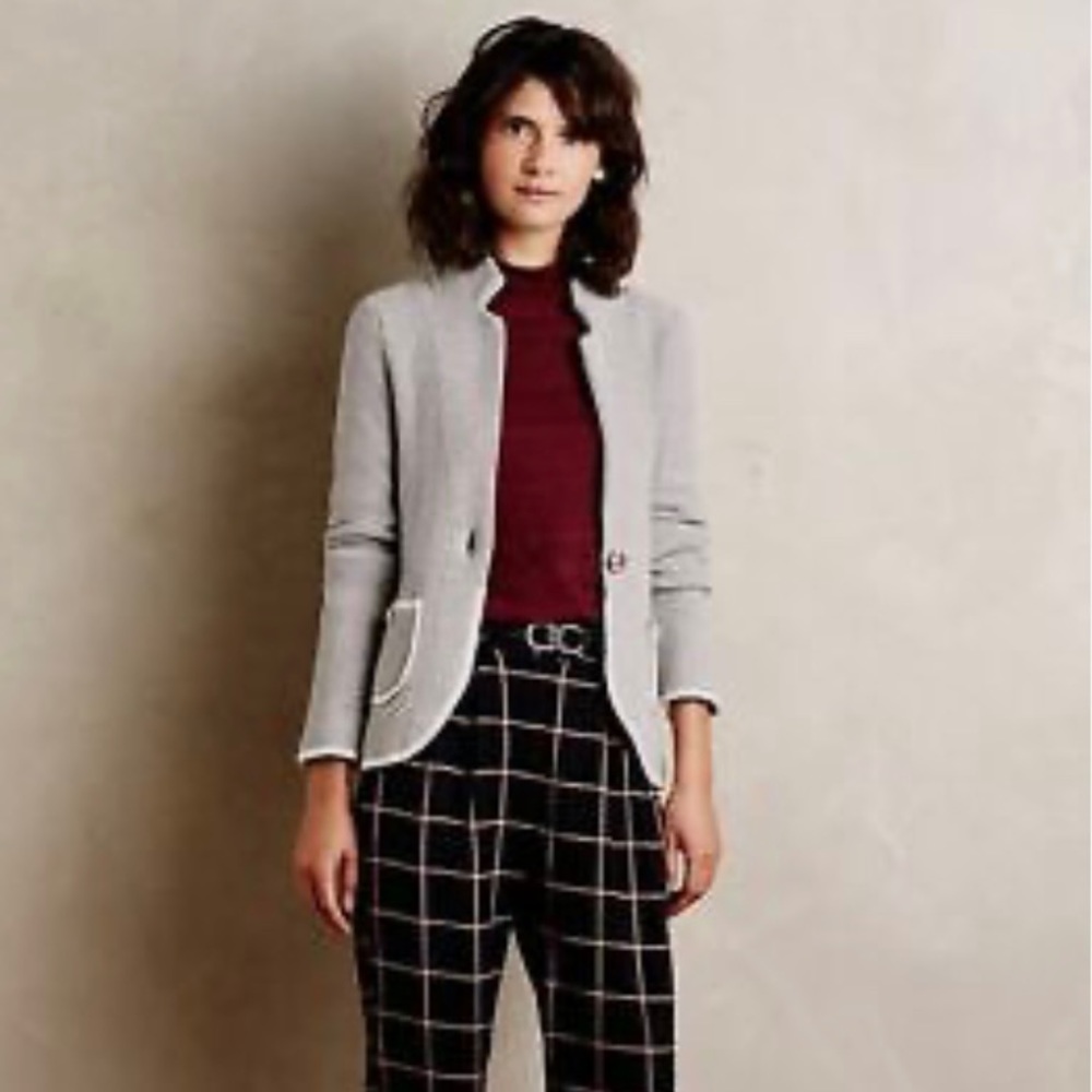 Moth Anthropologie Blakely Women's Grey Knit White Trim Cozy Blazer Sweater.